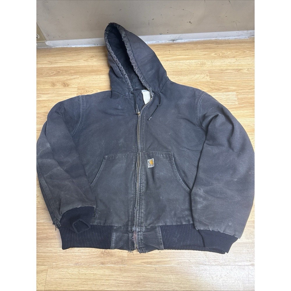 Vintage Carhartt Jacket Mens L Black Canvas Faded Thrashed J140 BLK USA
